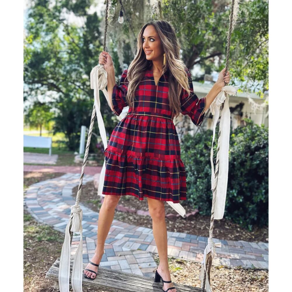 Gretchen Scott Teardrop Dress Plaidly Cooper  Red Plaid Size Large Preppy - Picture 12 of 12